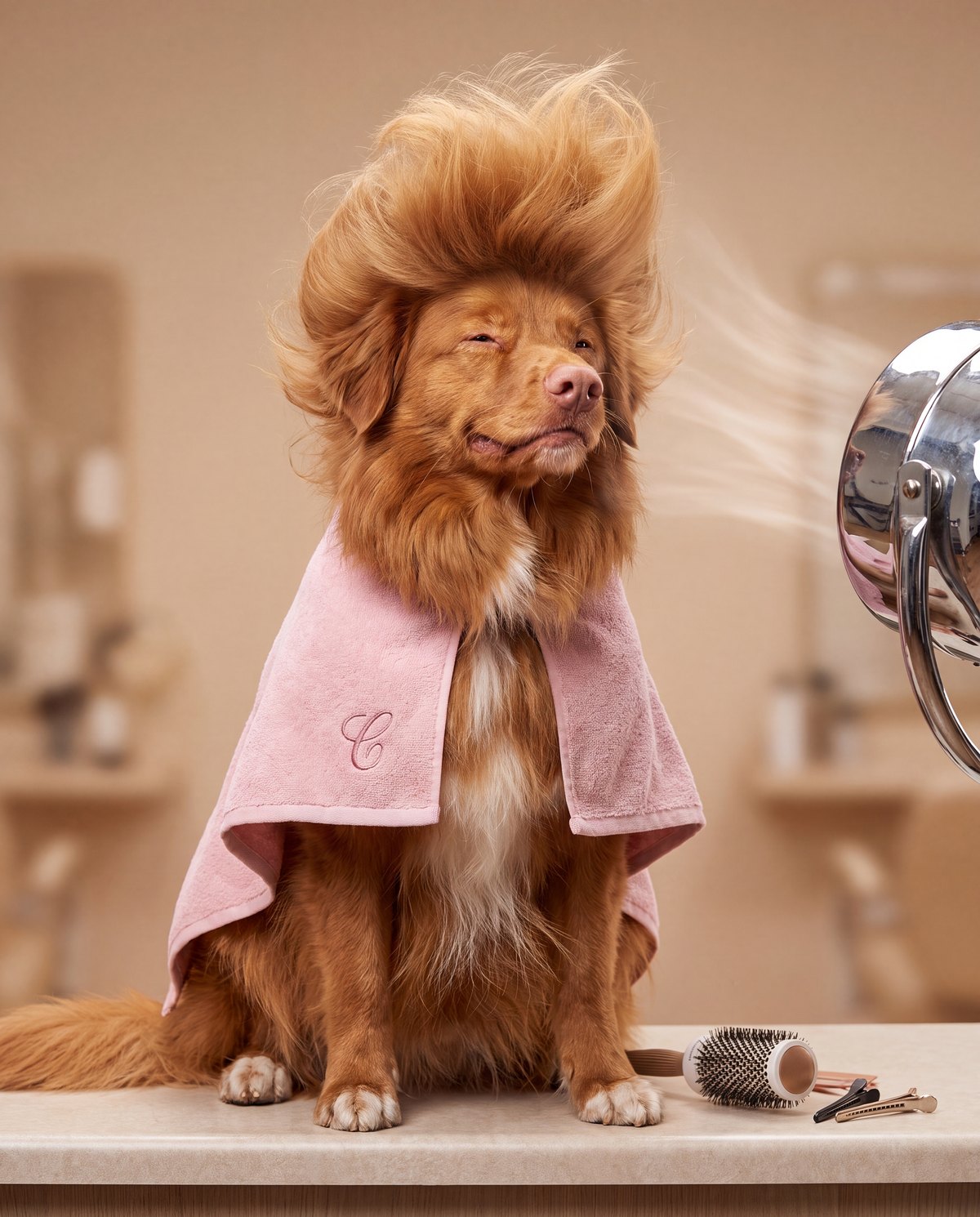 Duck Toller in a salon blowout scene