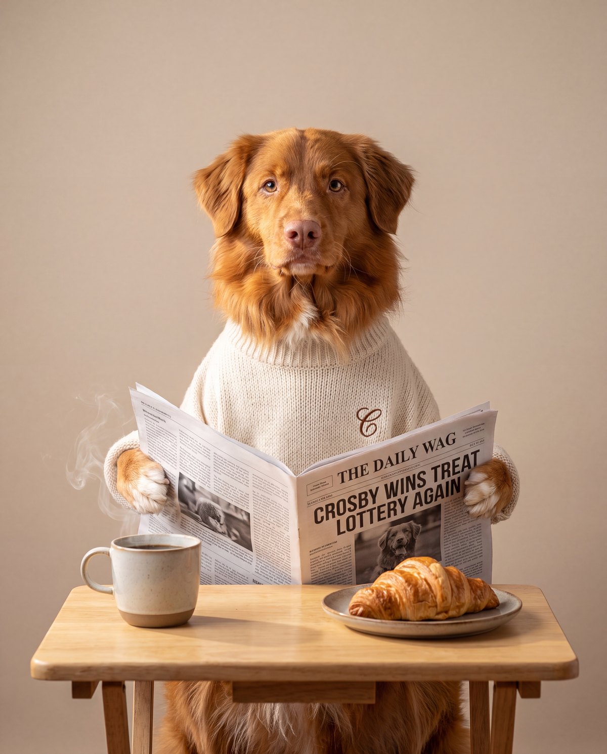 Funny pet scene: dog reading The Daily Wag newspaper