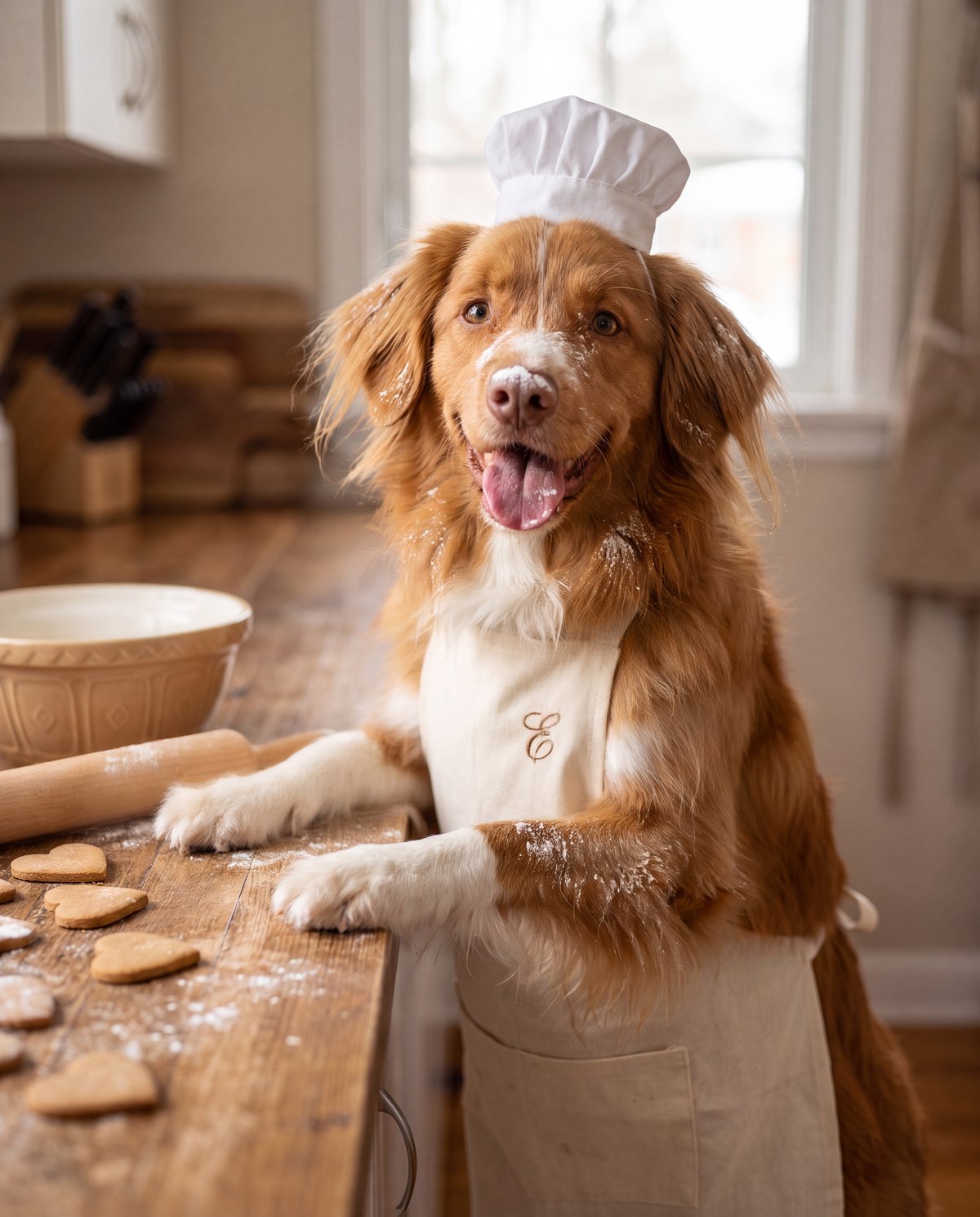 Dog in a chef hat baking cookies