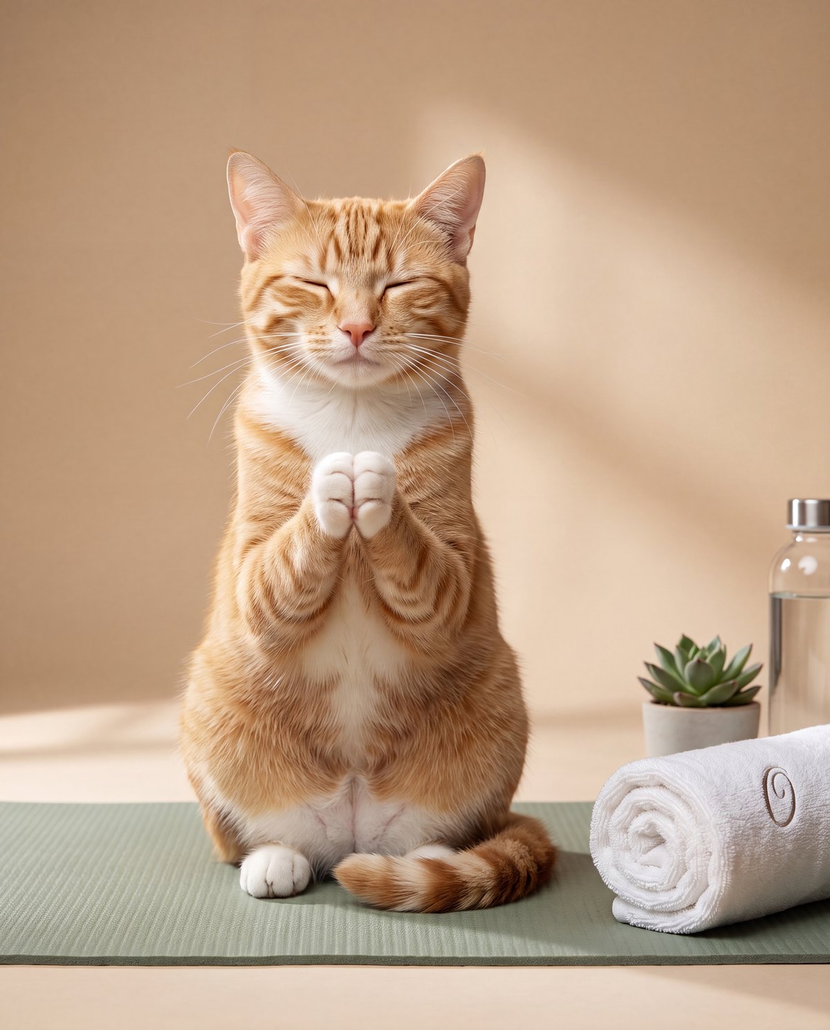 Orange tabby cat in a zen yoga pose
