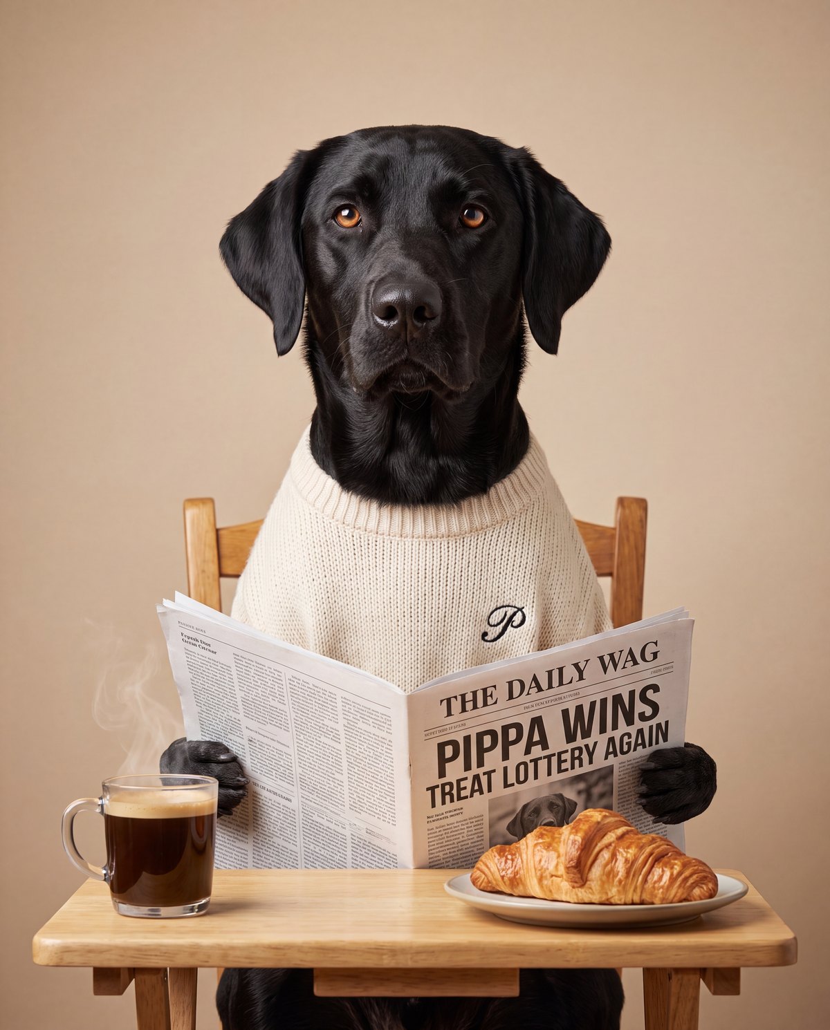 Black Labrador reading The Daily Wag newspaper