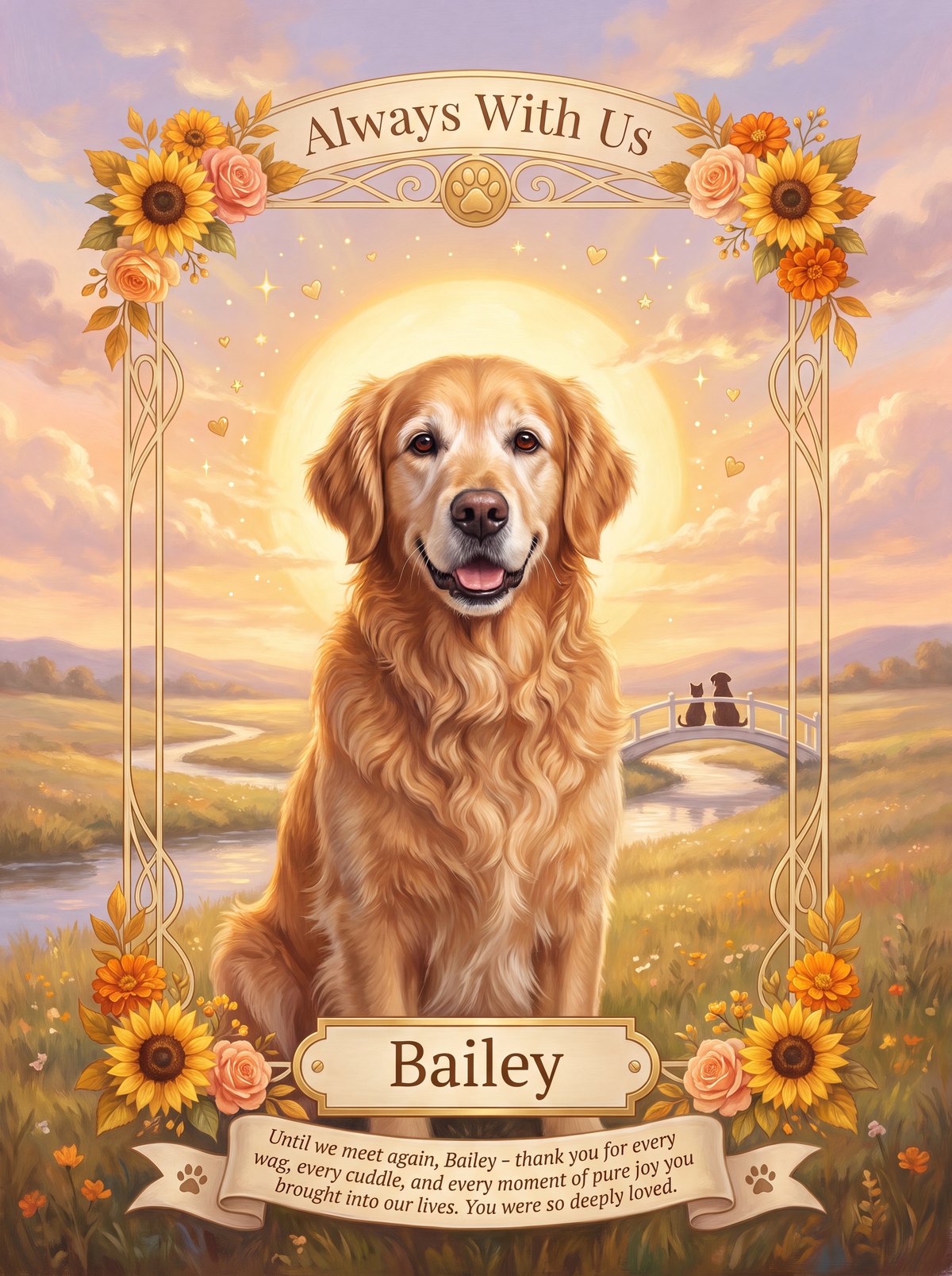 Pet memorial keepsake with rainbow bridge, sun glow and nameplate