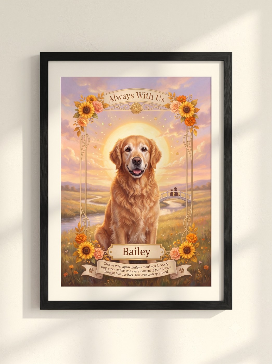 A pet memorial keepsake printed, matted and hung in a black frame on a warm cream wall