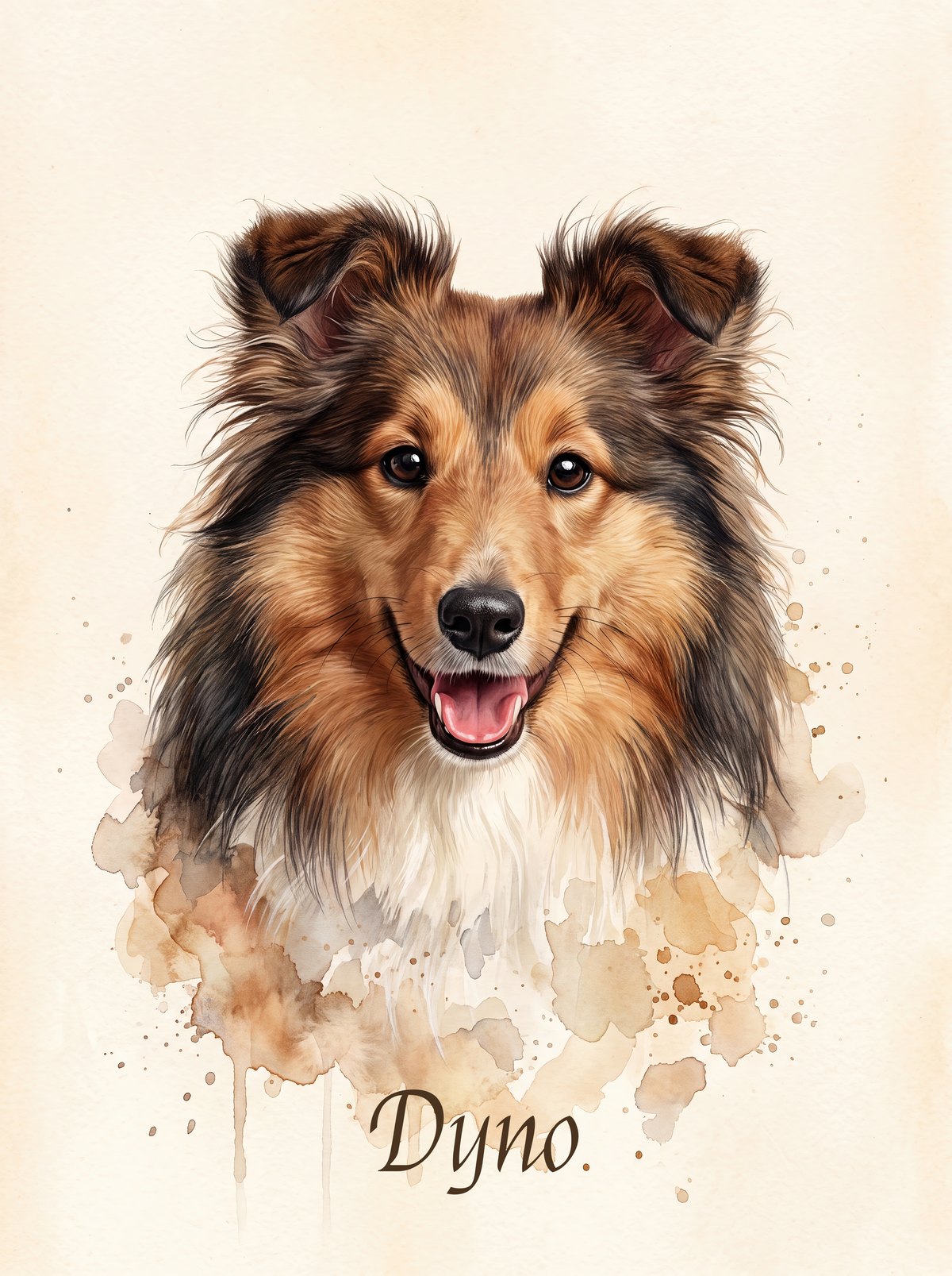 Watercolor portrait of a Shetland Sheepdog named Dyno