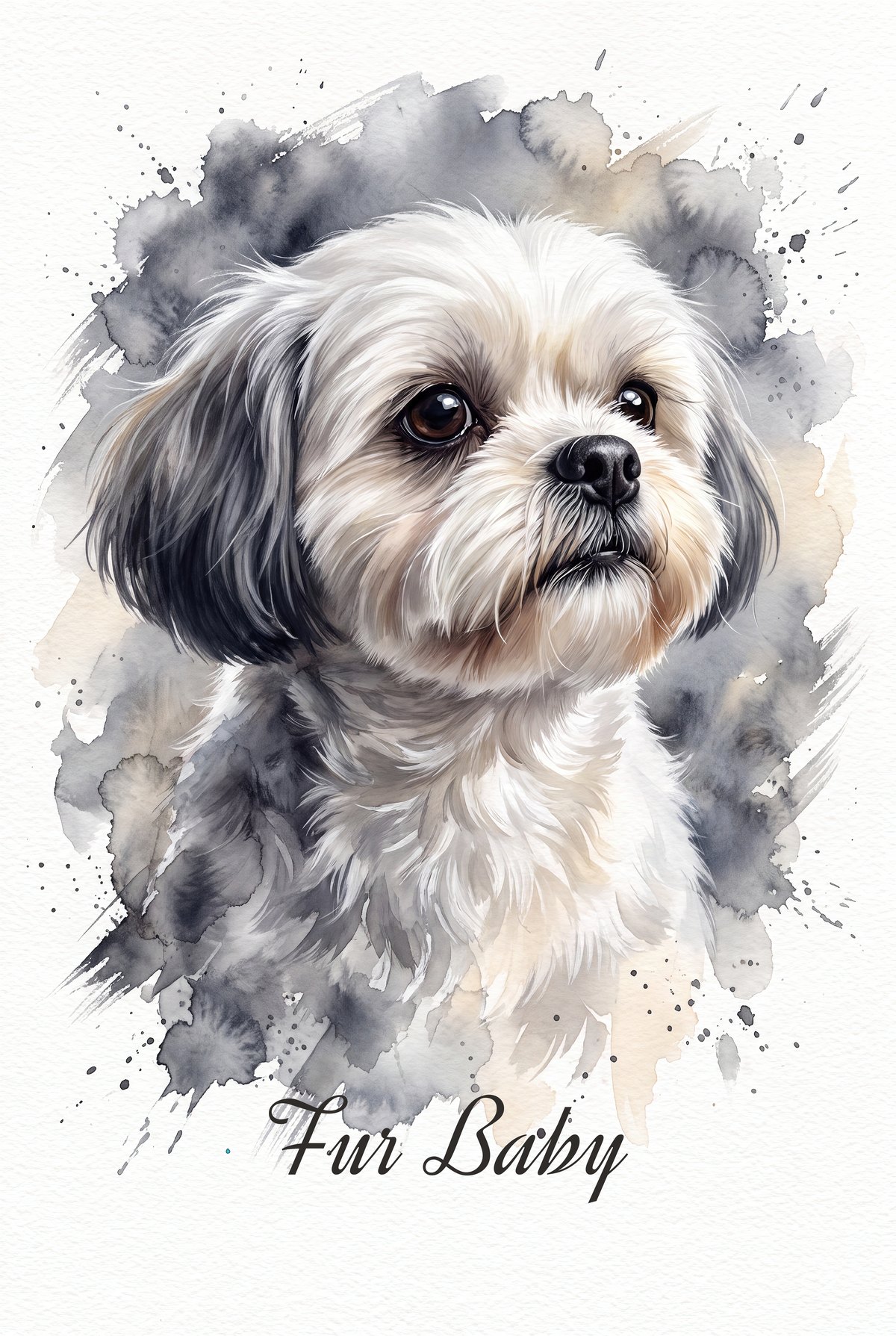 Dramatic watercolor portrait of a white Shih Tzu